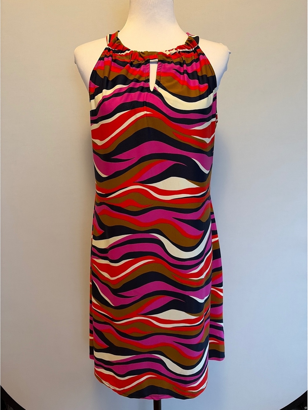 Jude Connally Lisa Dress L Abstract Wave Print Retro Mod 60s 70s Pink Red Brown